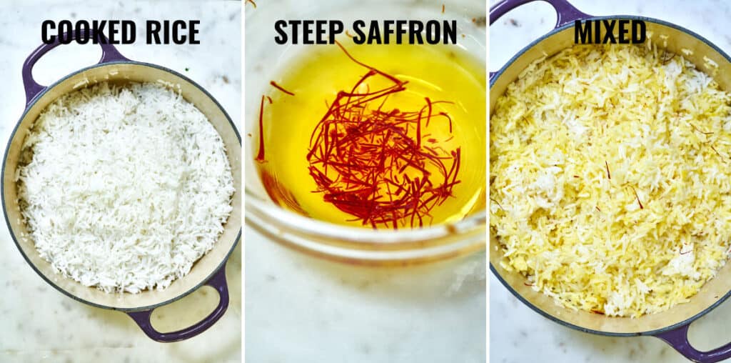 Side by side images of cooked rice, steeped saffron, and rice mixed in with saffron.