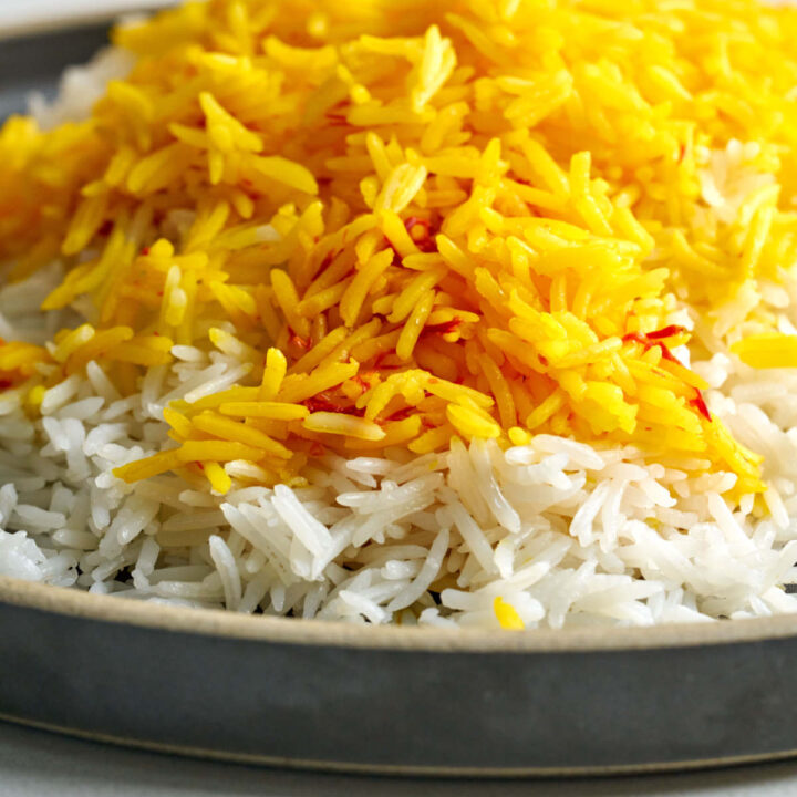 Pot full of Persian basmati rice with saffron.