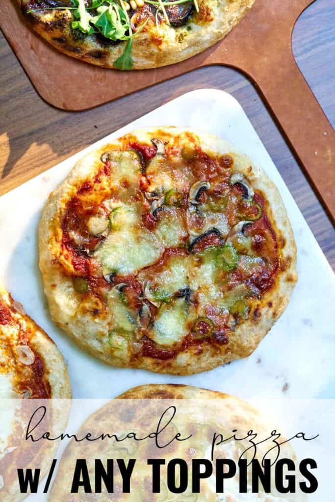 Pizza on a white table next to a pizza peel and edges of three other pizzas with title text.