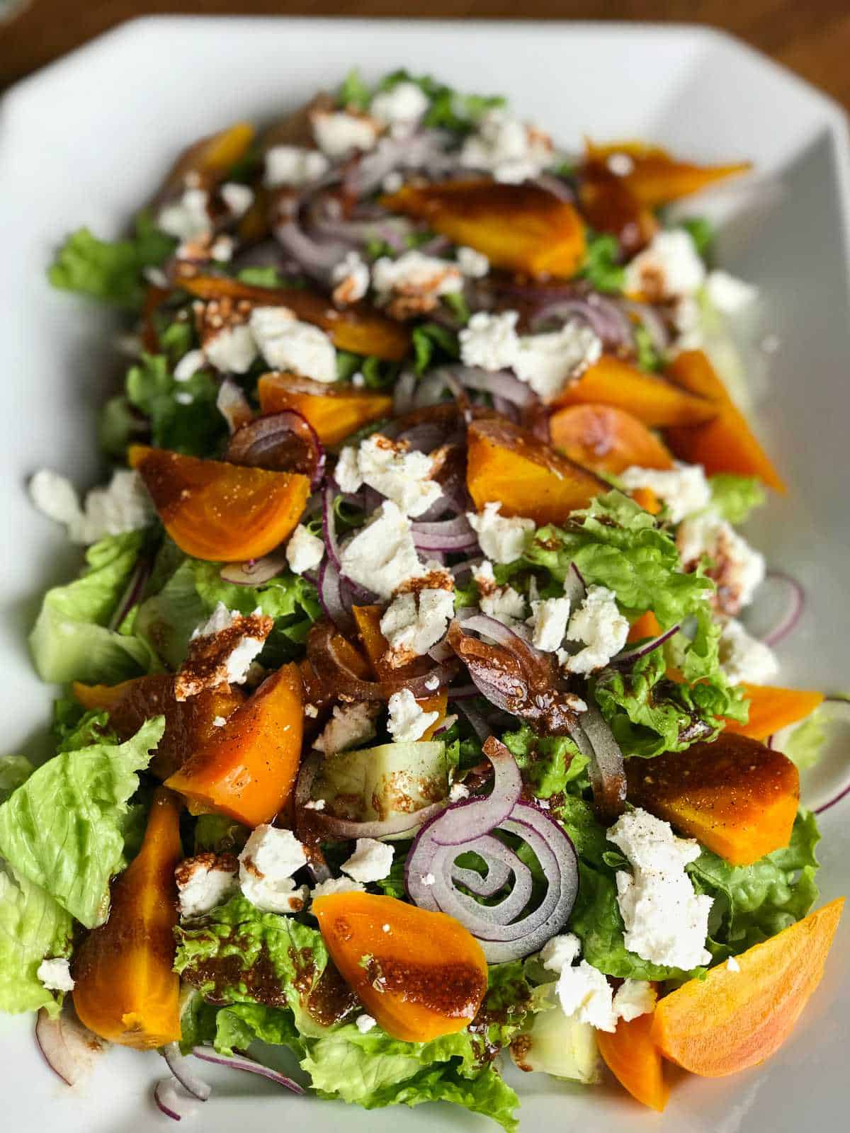 Salad with golden beets and goat cheese.