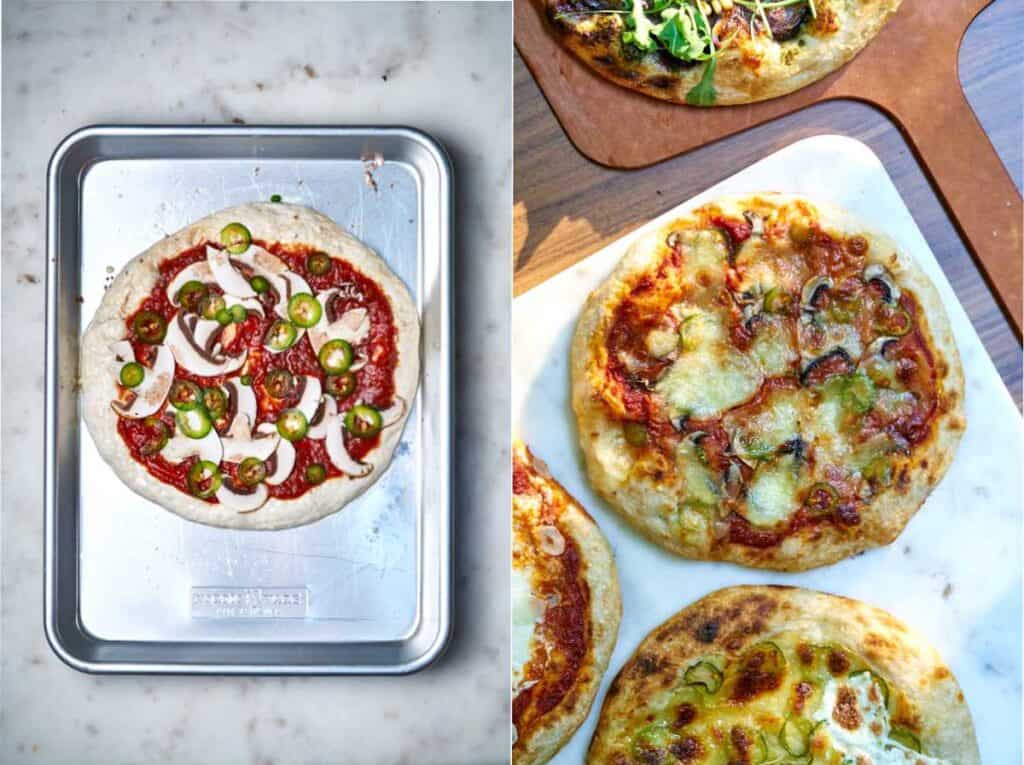 Mushroom pizza on a baking sheet next to cooked top view of four cooked pizzas.