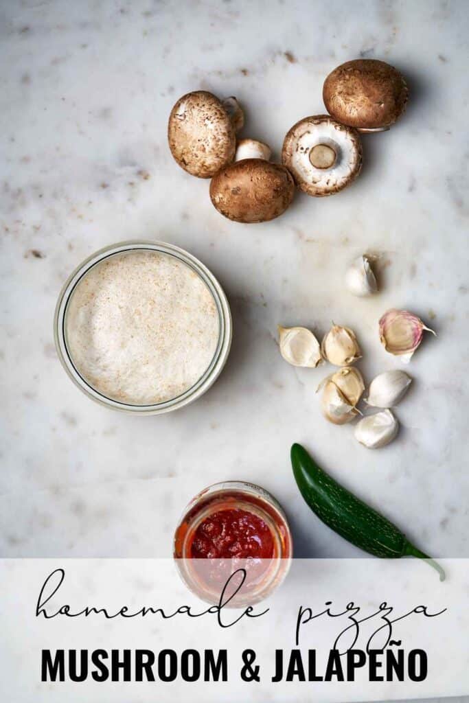 Ingredients for pizza including sauce, dough, mushrooms, jalapeño, and garlic with title text.