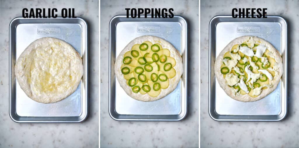 Putting potato, jalapeño, and cheese toppings on a round pizza on a baking sheet.