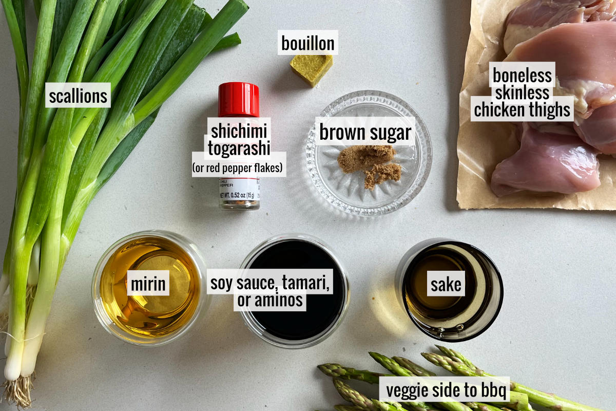 Scallions and other labeled ingredients on a countertop.