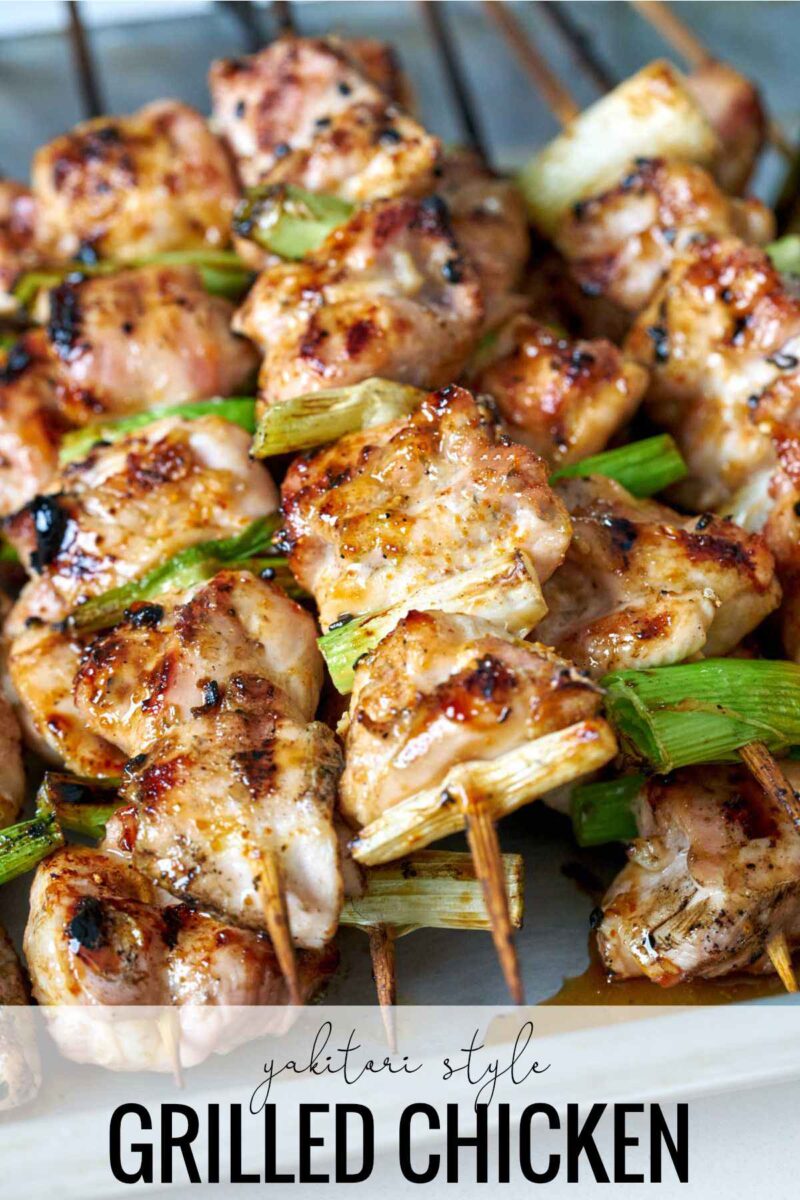 Chicken kabobs on skewers with scallions and title text.