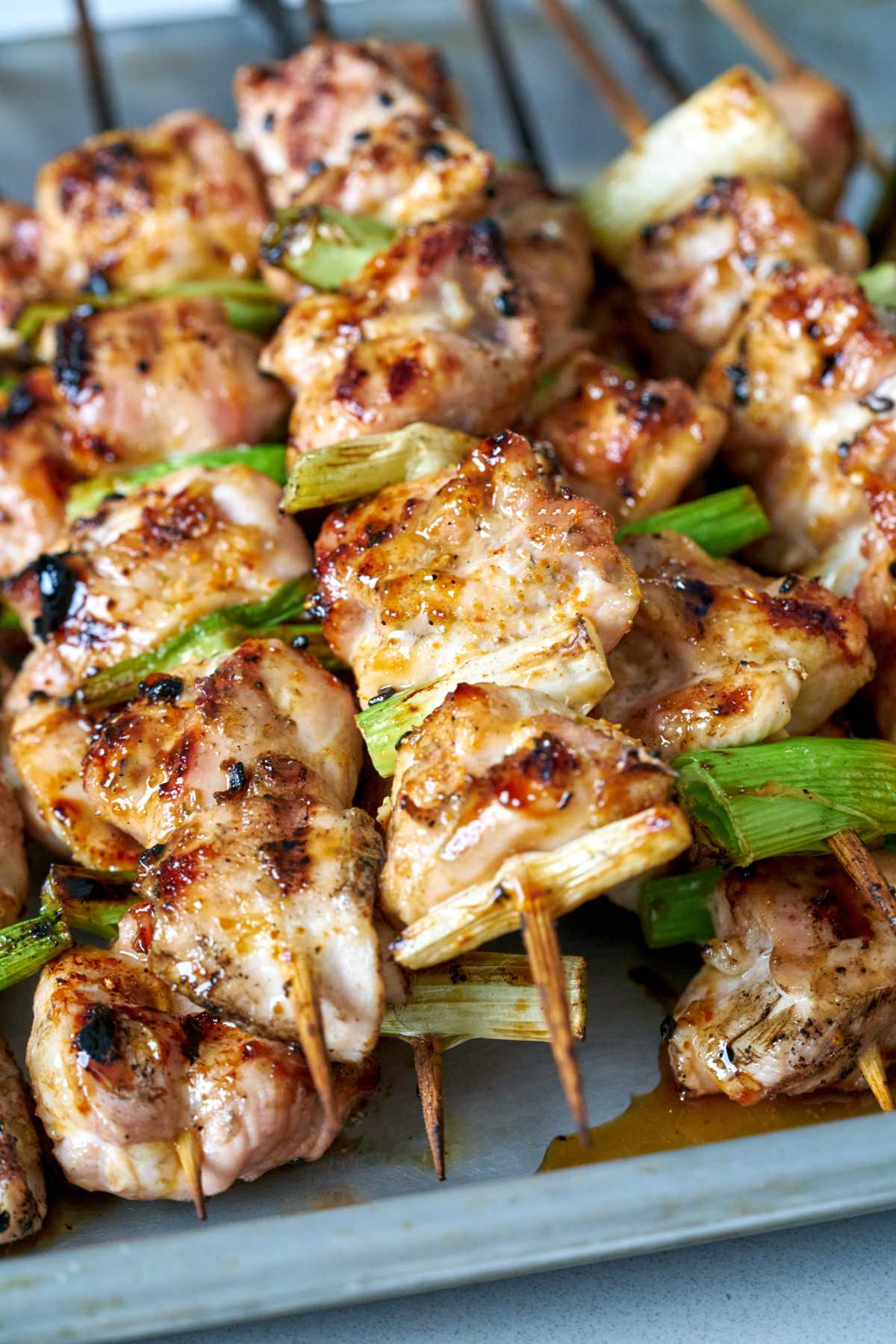 Chicken kabobs on skewers with scallions.