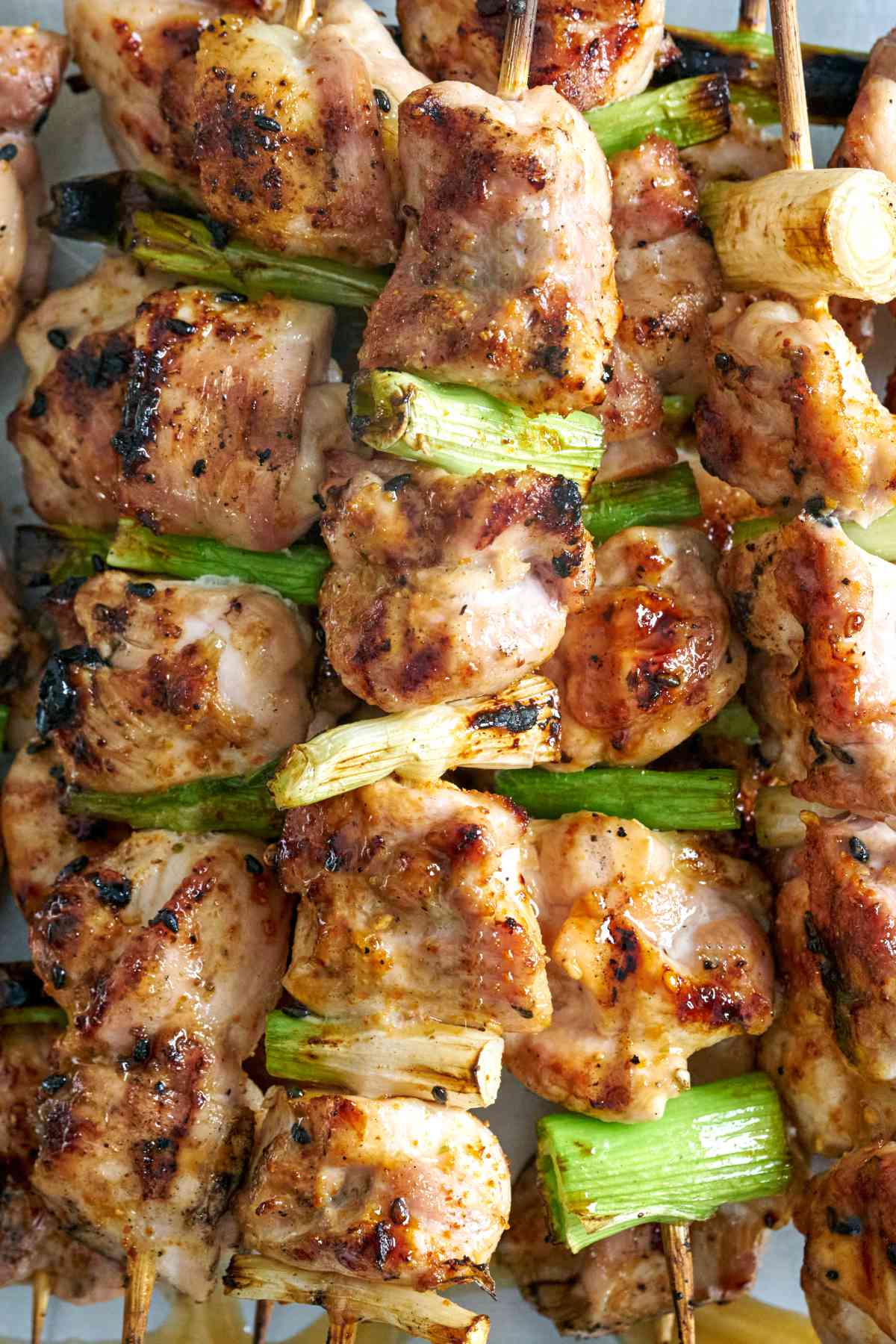 Chicken kabobs on skewers with scallions.