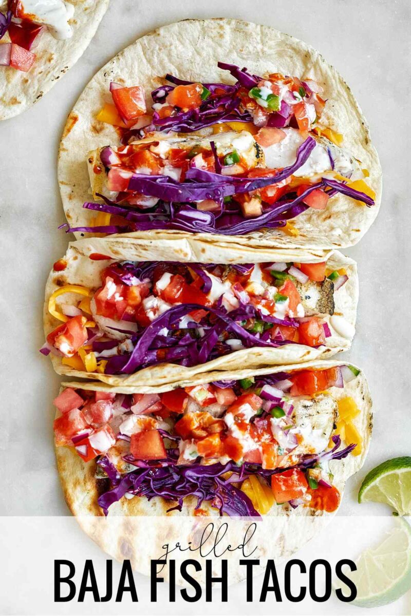 Three fish tacos with red cabbage and salsa and title text.