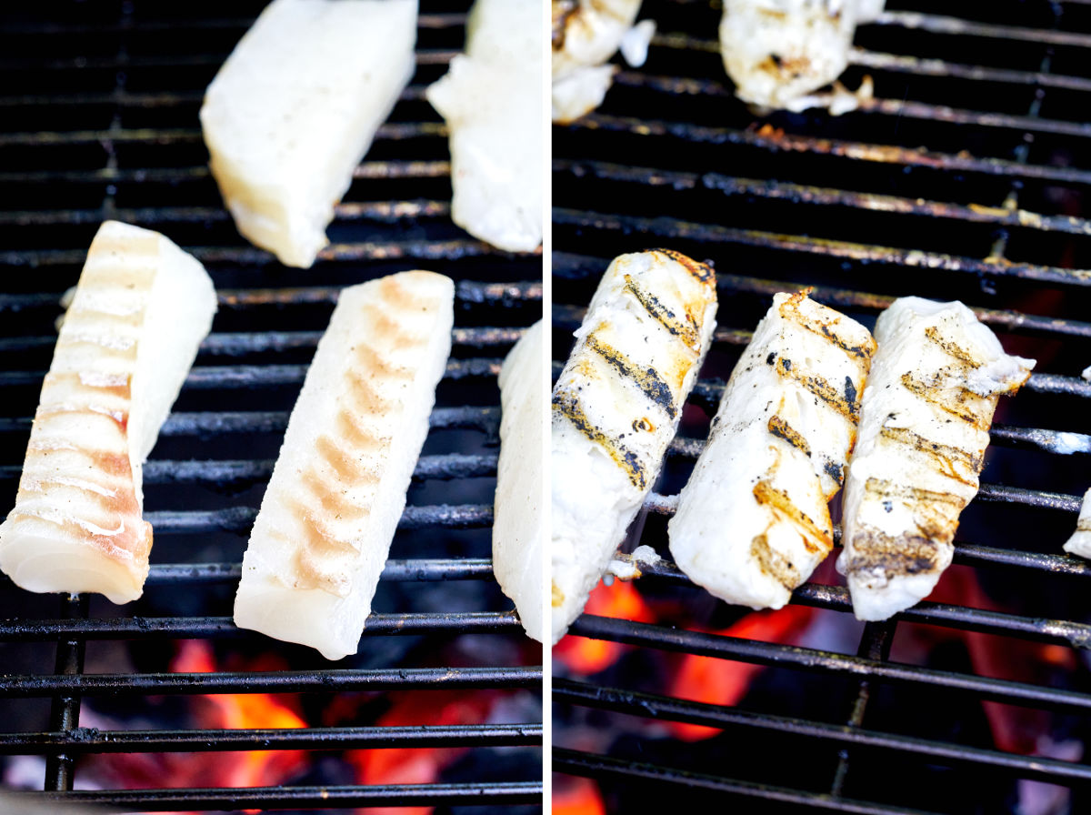 White fish strips on a charcoal fire grill.