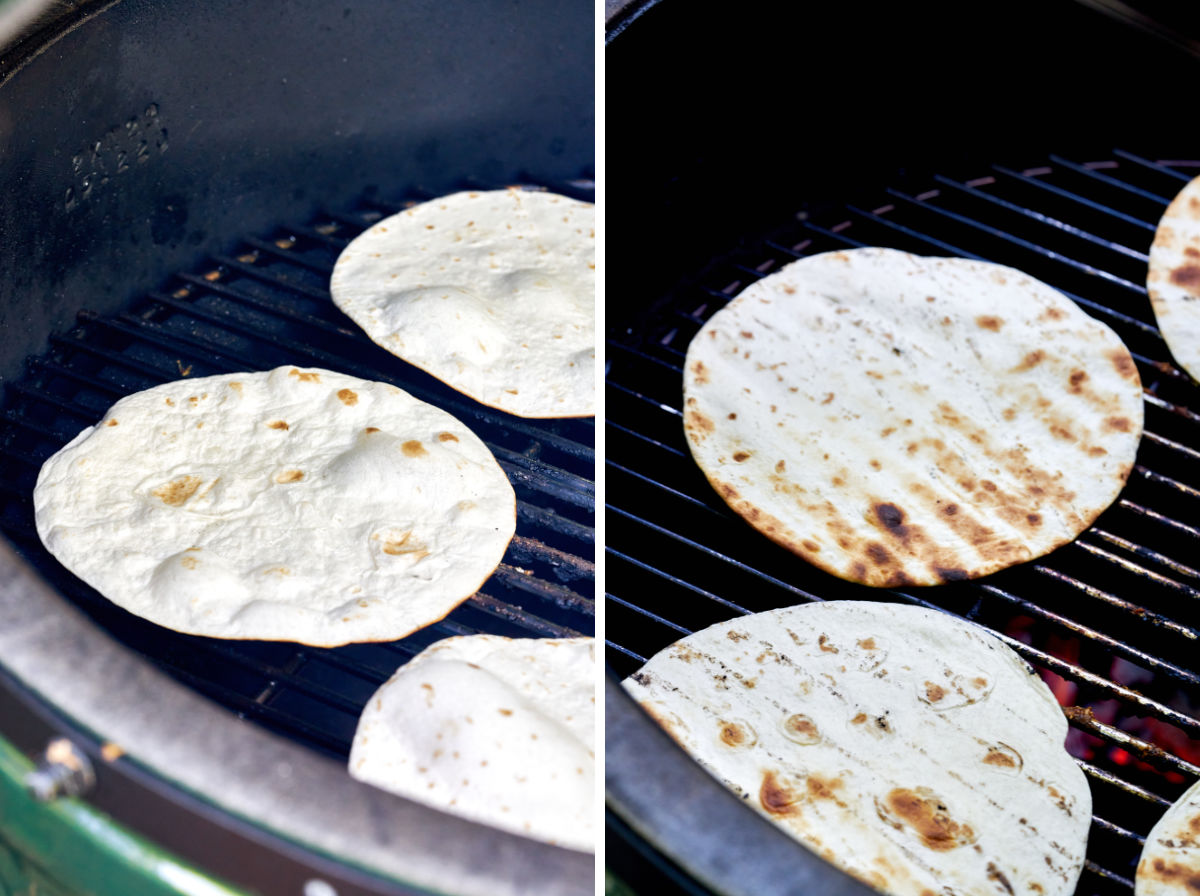 Flour tortillas heating on a charcoal grill.