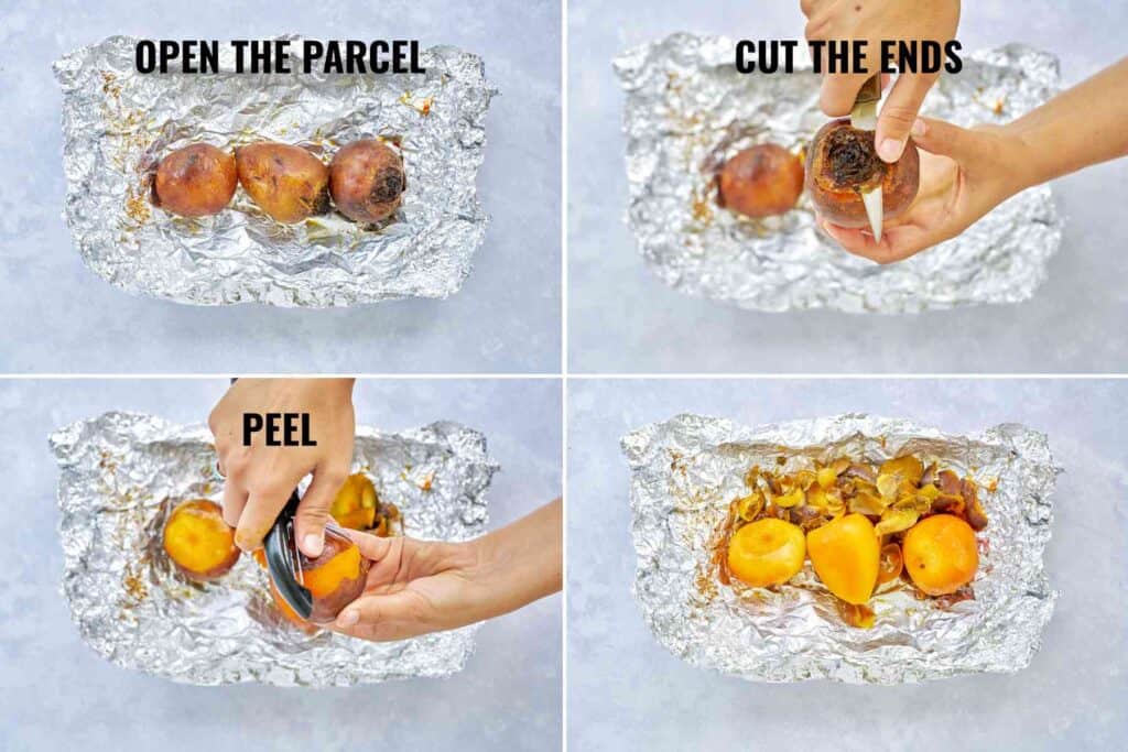 Steps for peeling cooked beets.