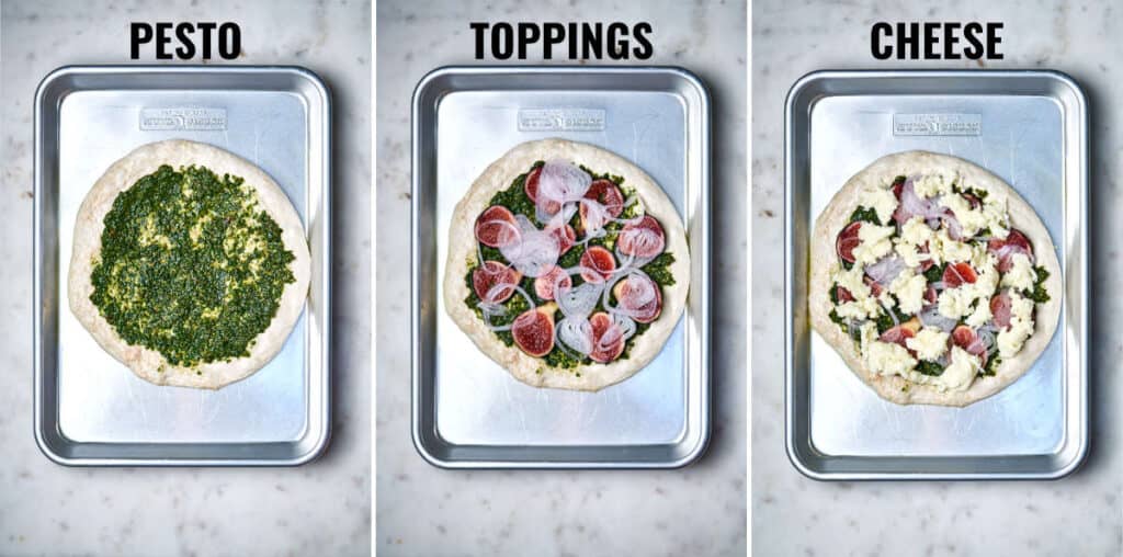 Putting toppings on a round pizza on a baking sheet.