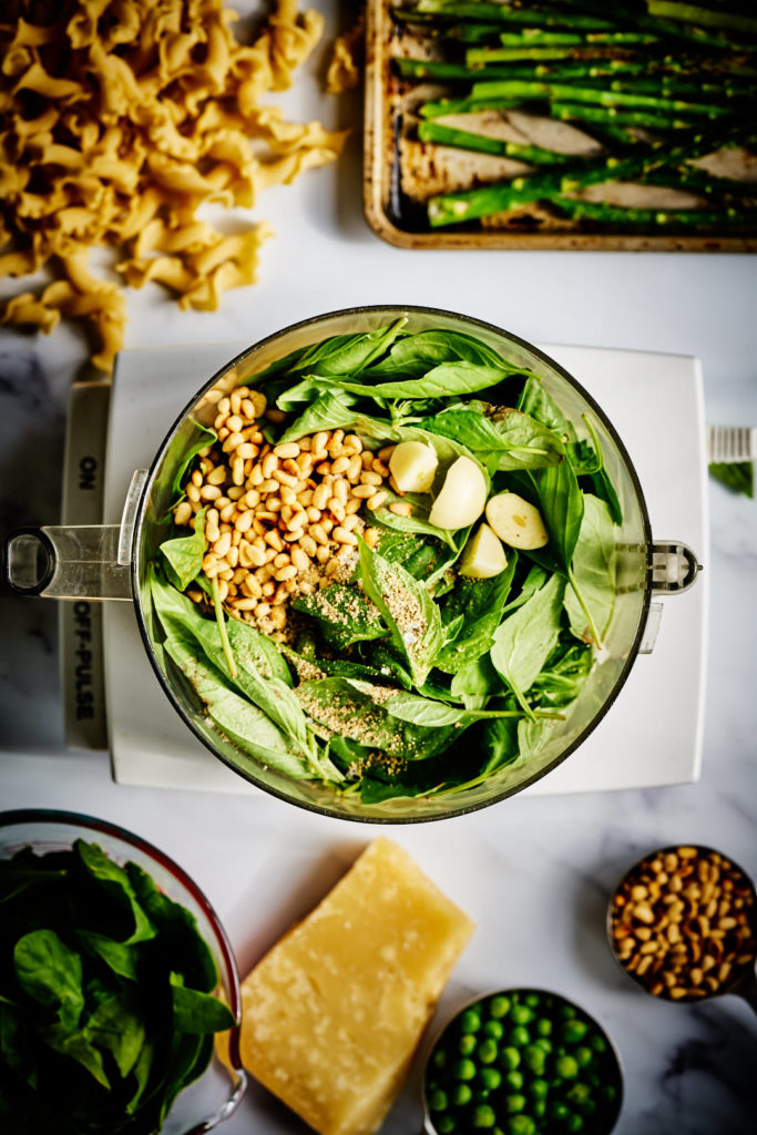 Pesto prep shot in food processor.