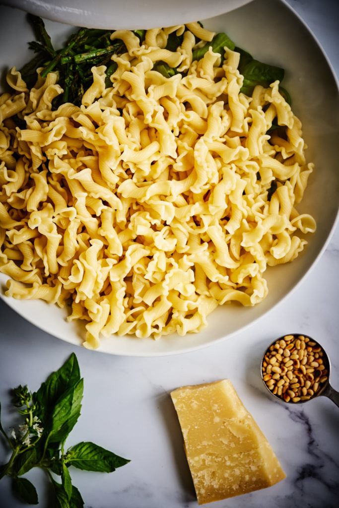 Cooked pasta in a serving bowl.