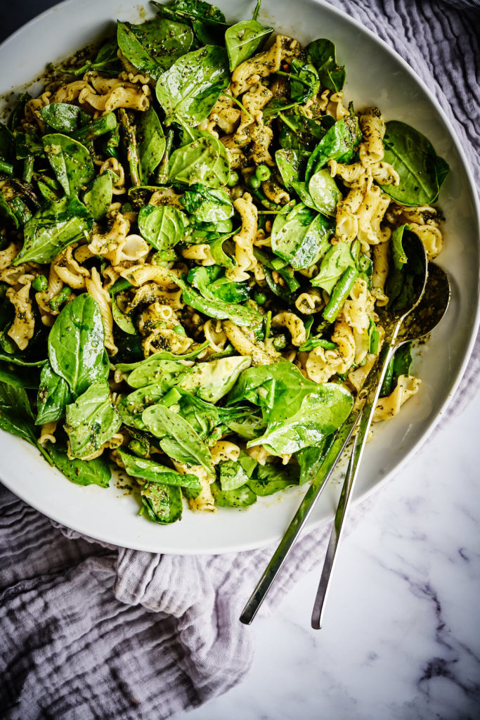 Pesto Pasta with Spinach in a serving bowl.