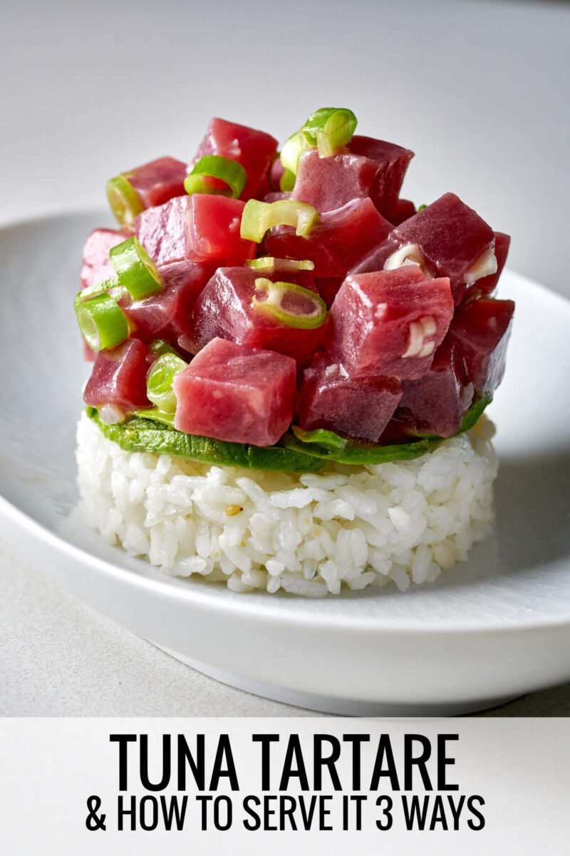 Tuna tartare on top of avocado and rice with title text.