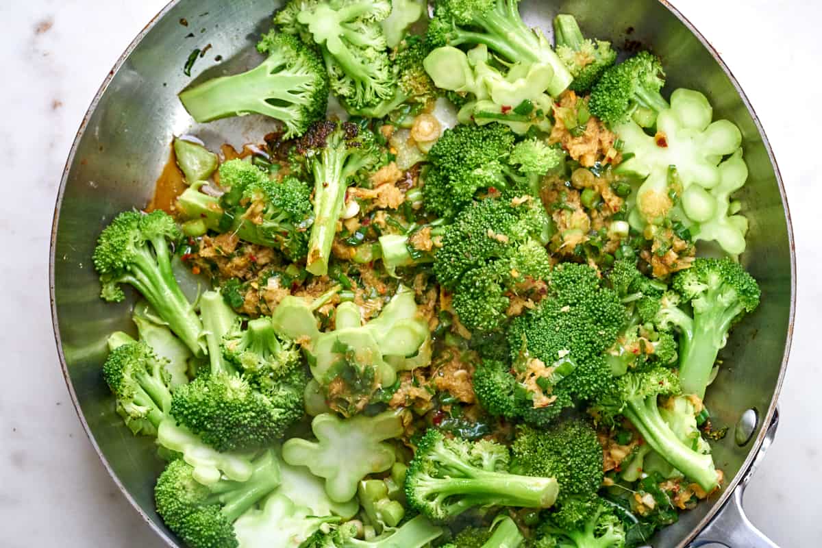 Broccoli in a fry pan.