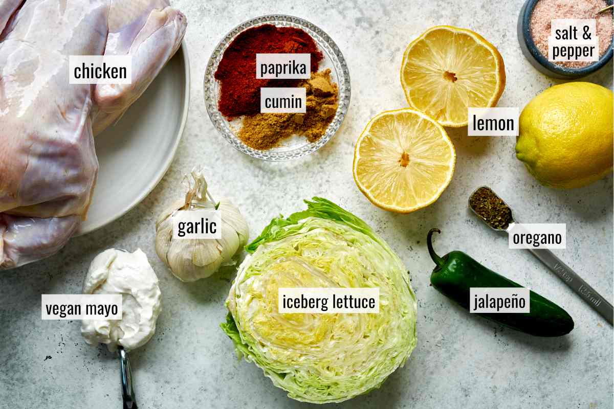 Ingredients to make chicken and a sauce on a white countertop.