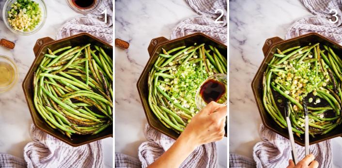 Step by step cooking green beans in a  cast iron pan.