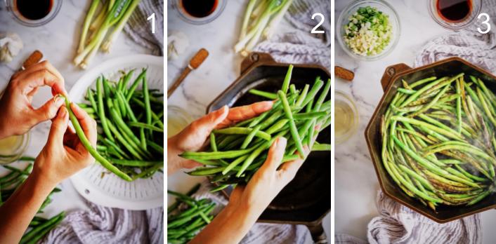 Step by step trim and cook green beans in cast iron.