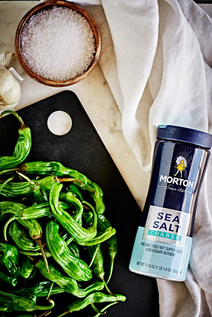 Morton sea salt with green peppers.