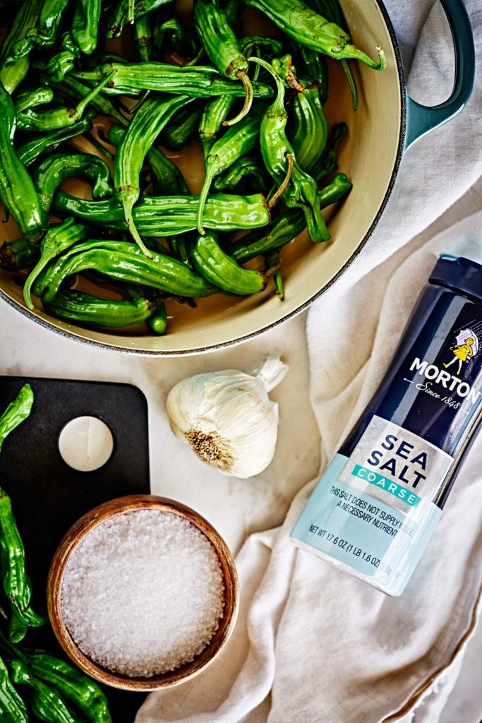 Peppers, salt, and garlic flatlay prep shot.