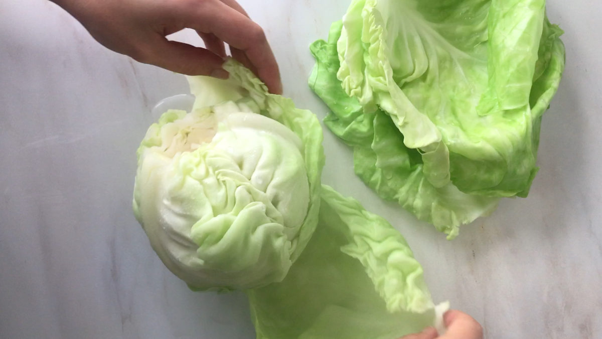 Peeling cooked green cabbage.