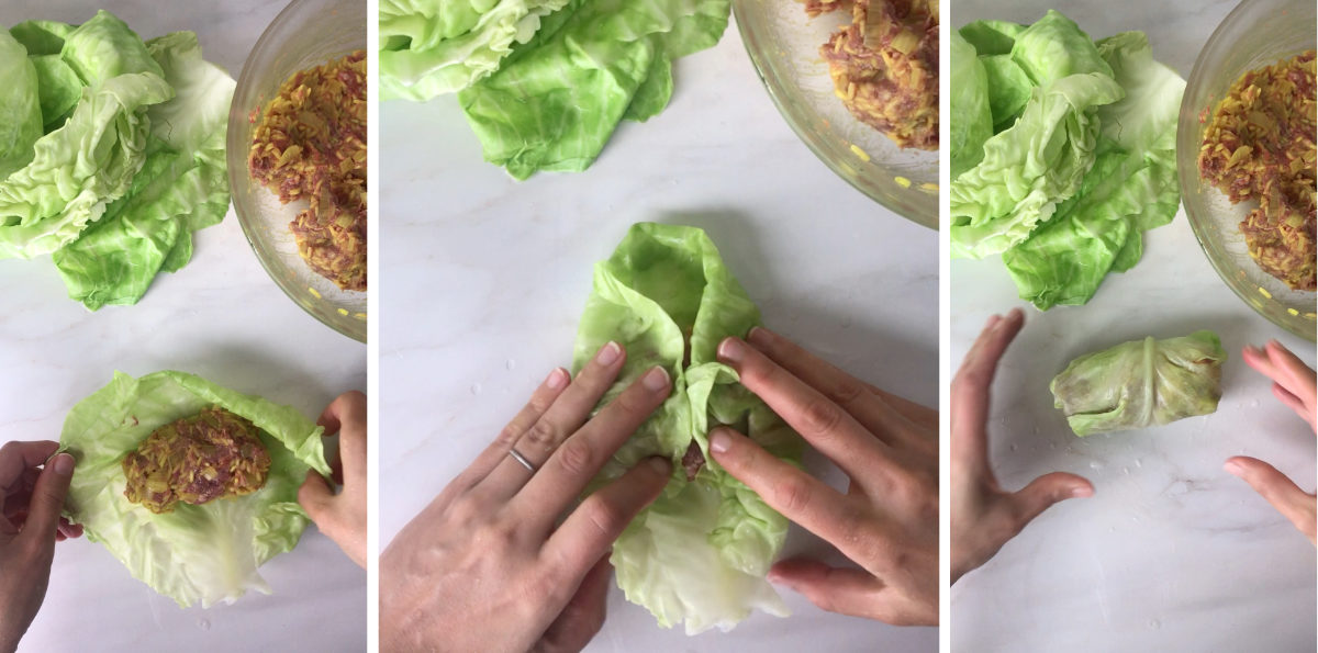 Steps to roll cabbage around filling.