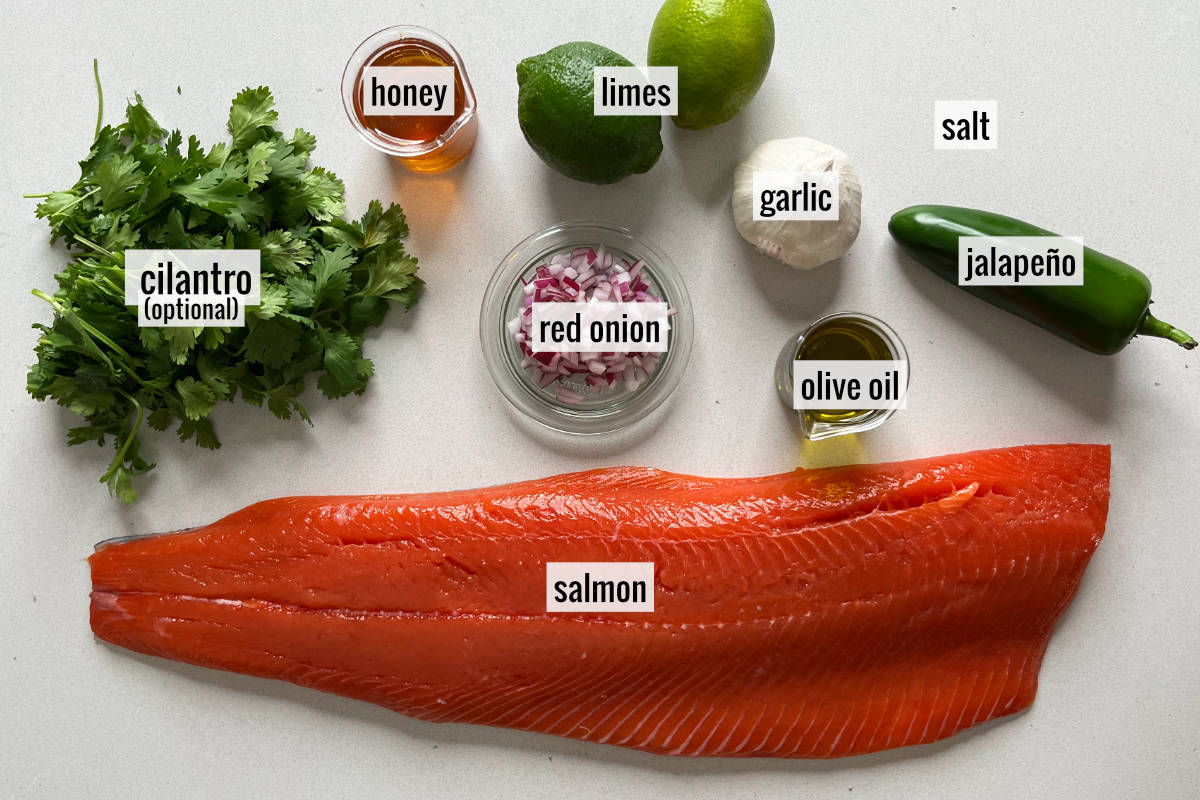 Salmon and other ingredients like jalapeno and cilantro on a countertop.