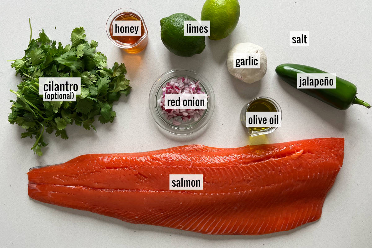 Salmon and other ingredients like jalapeno and cilantro on a countertop.