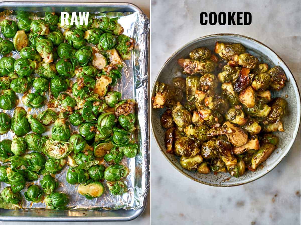 Brussel sprouts on a baking sheet and in a bowl.