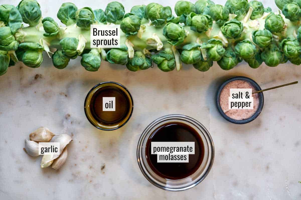 Brussel sprouts and other ingredients on a countertop.