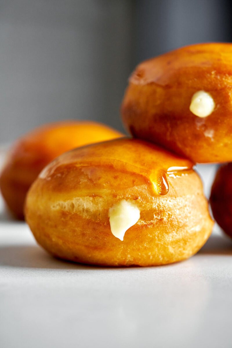 Cream filled donuts with candy glaze.