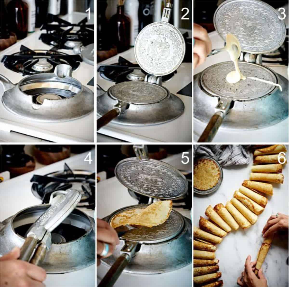 Step by step krumkake iron on stove.