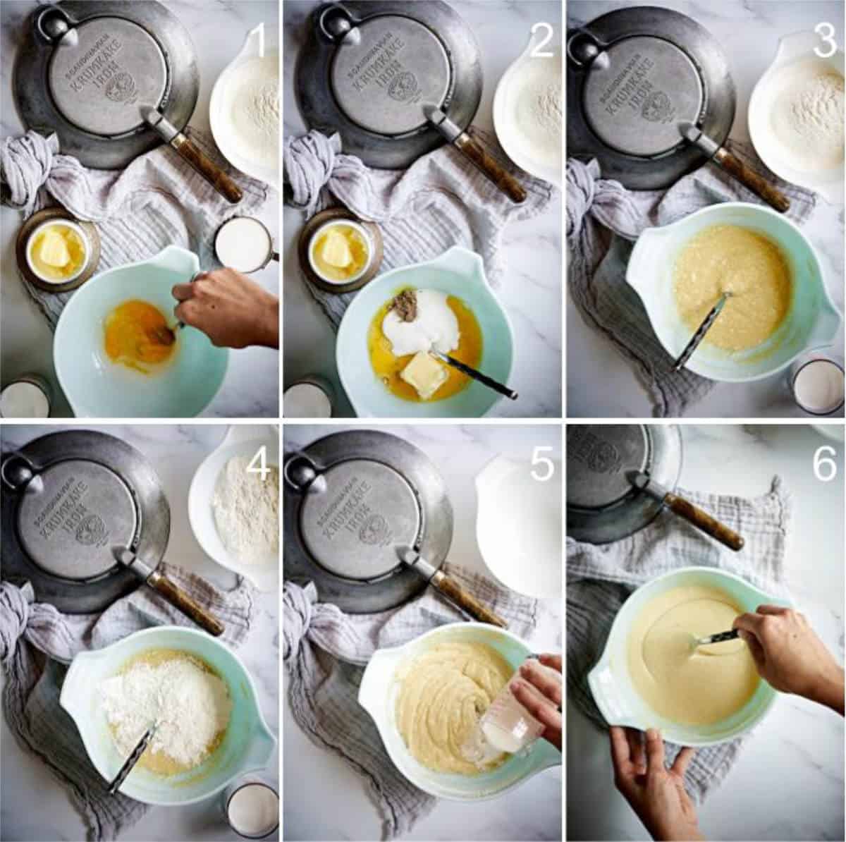 step by step krumkake batter with krumkake iron.