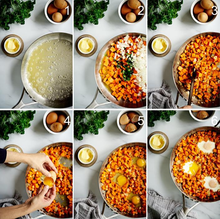 6 photos combined of steps to make sweet potato hash.