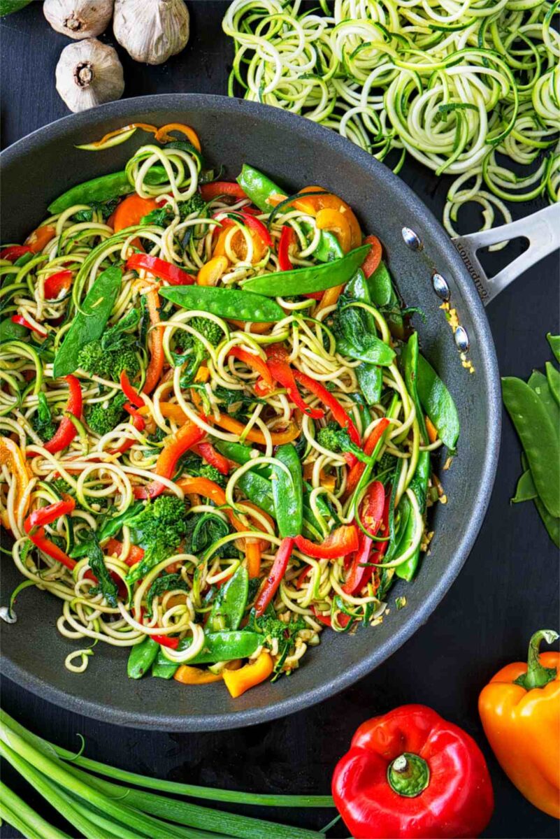 Stir fry surrounded by vegetables.