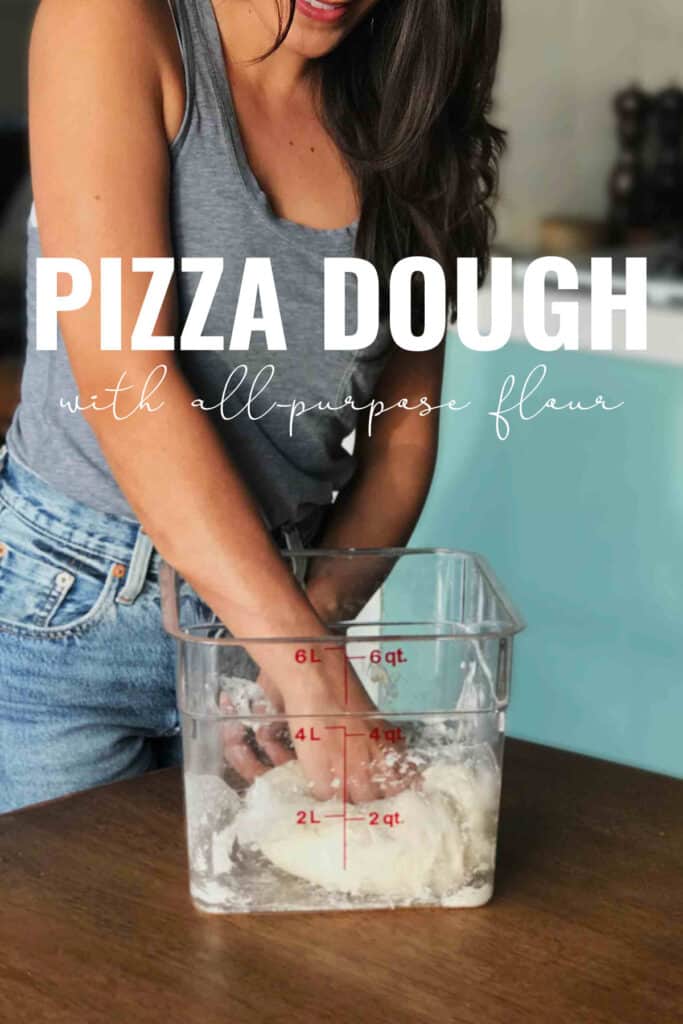 Woman kneading dough in plastic container with title text.