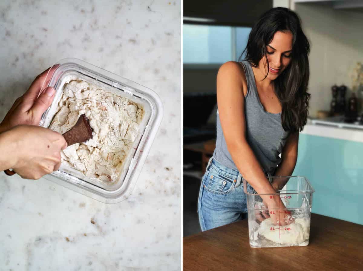 Mixing dough with wooden spoon then woman kneading dough in plastic container.