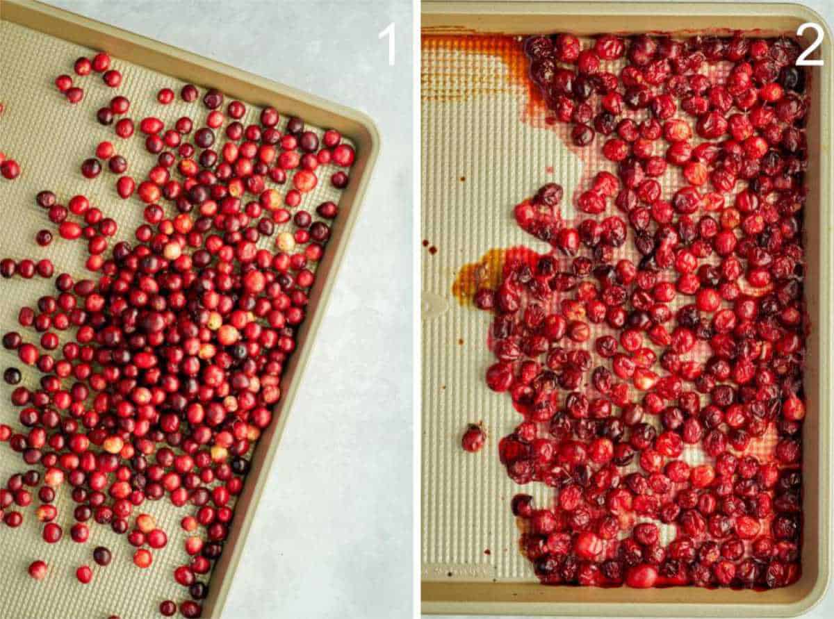 Roasting cranberries on a baking sheet.