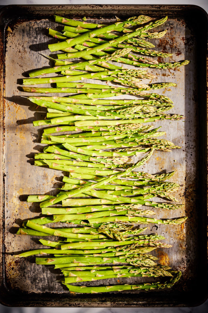 Asparagus on a sheet pan.