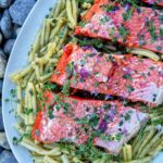 Salmon over pasta.