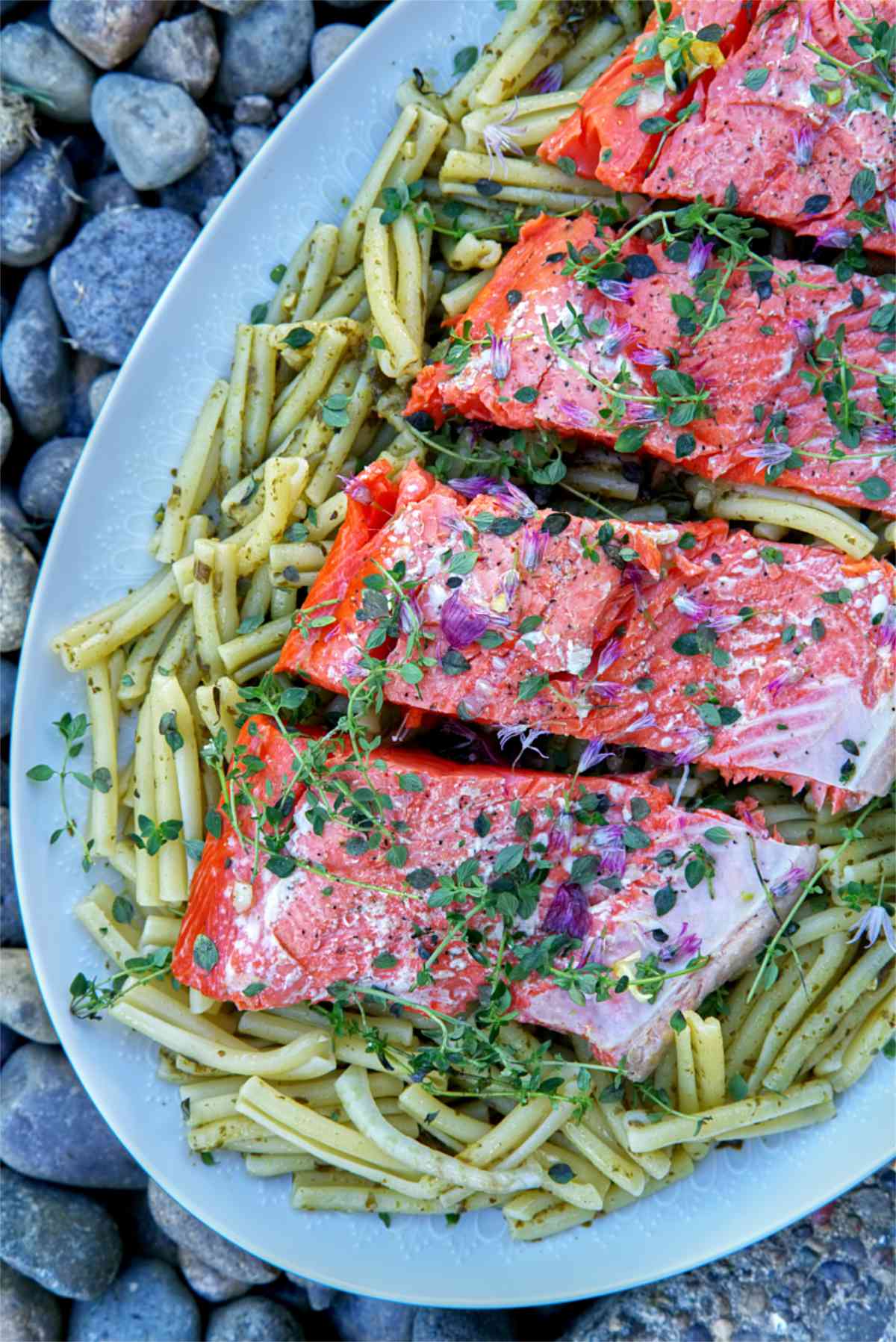 Salmon over pasta.