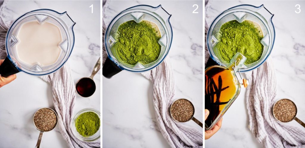 Step by step blending sweetened matcha latte.