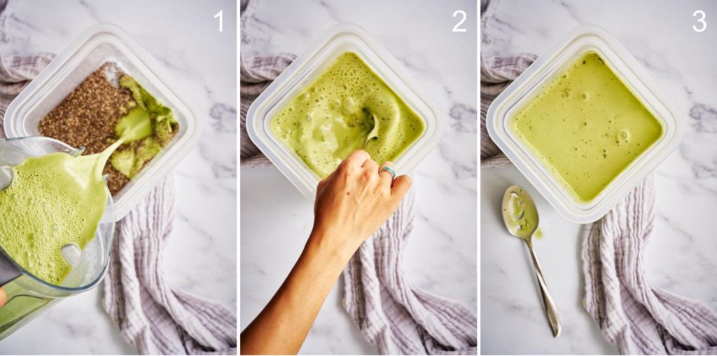 Step by step stirring matcha latte into chia seeds in a square container on a white marble counter with kitchen towel.