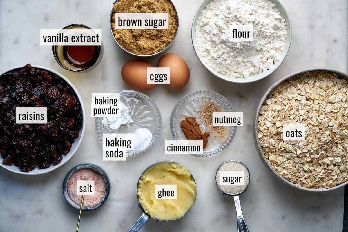 Cookie ingredients on a white countertop.