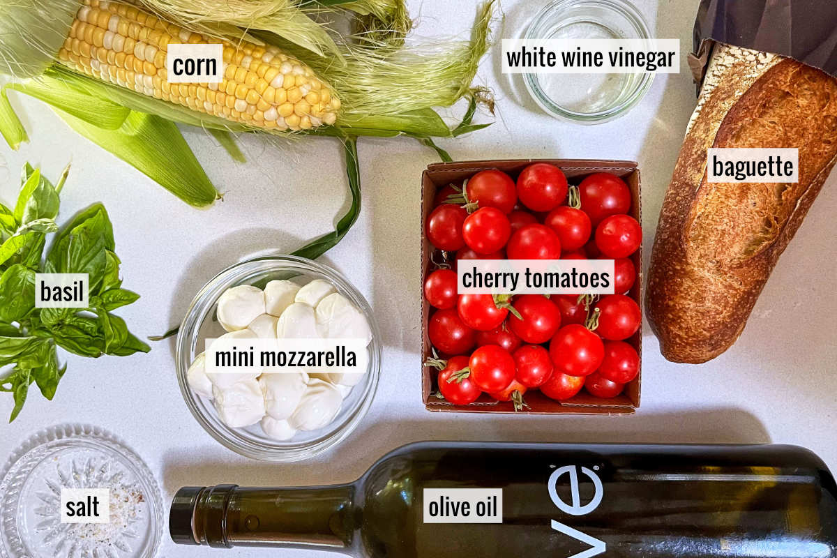 Tomatoes and other ingredients on a countertop.