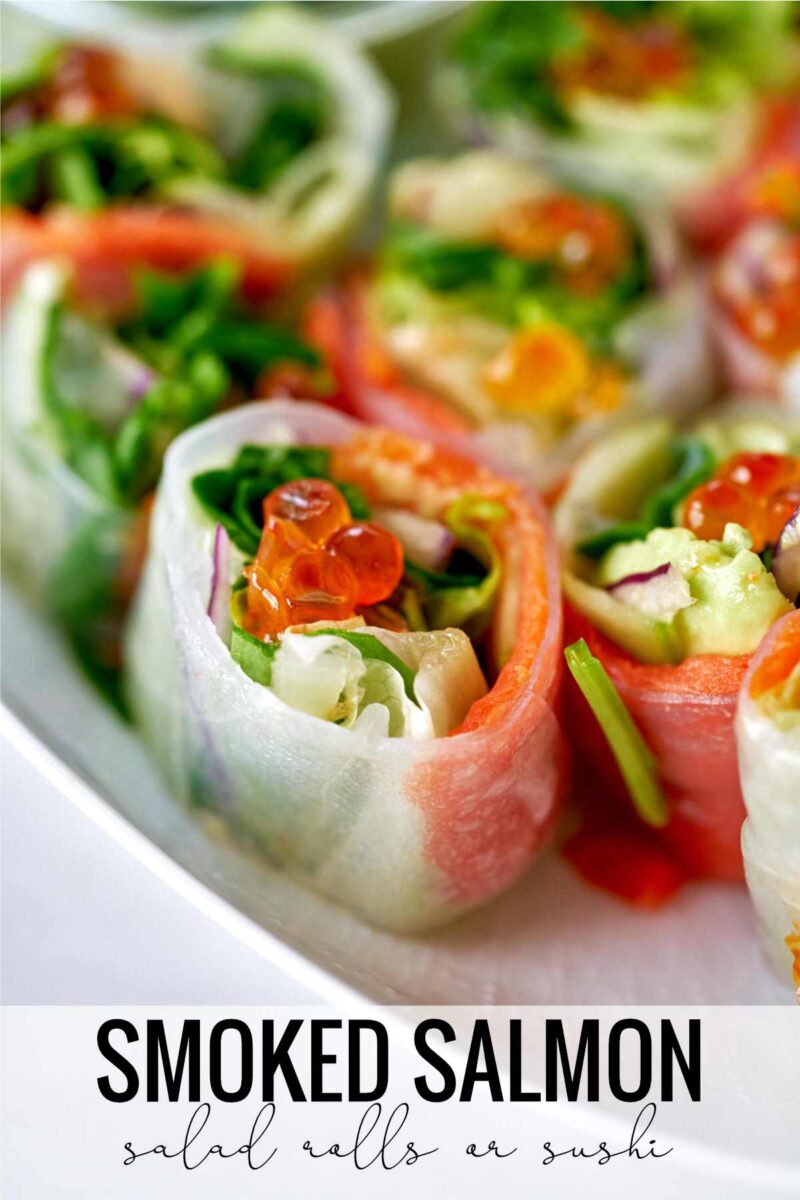 Sushi with smoked salmon and roe with title text.