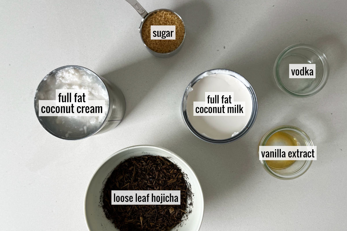 Tea leaves and other ingredients to make coconut ice cream.