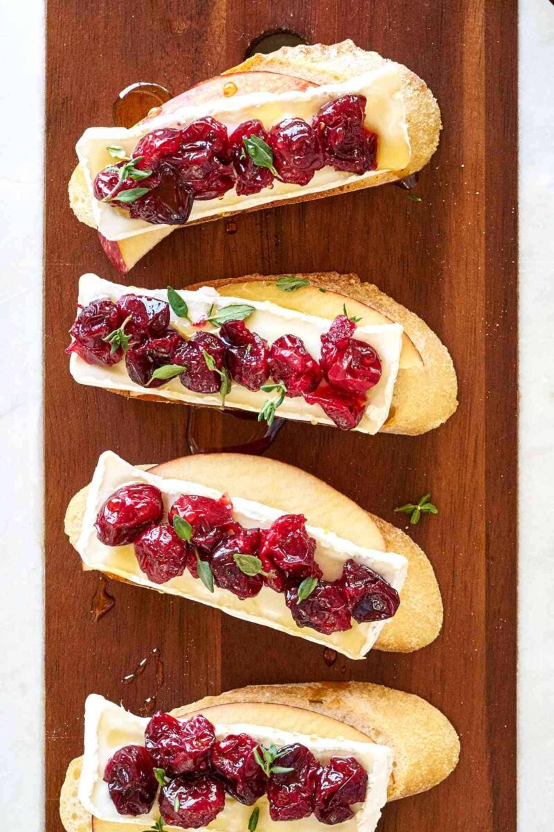 Crostini on a cutting board.